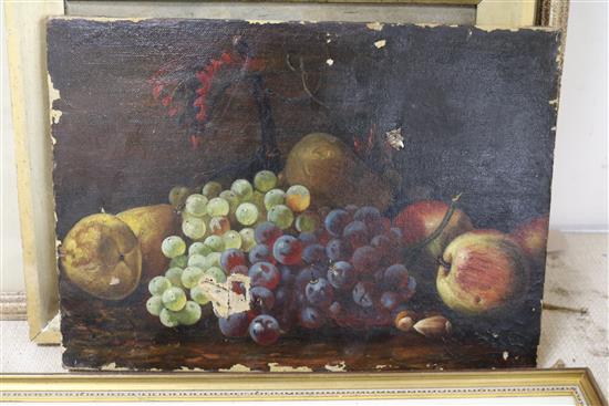 Five assorted paintings and prints including an oil still life of fruit